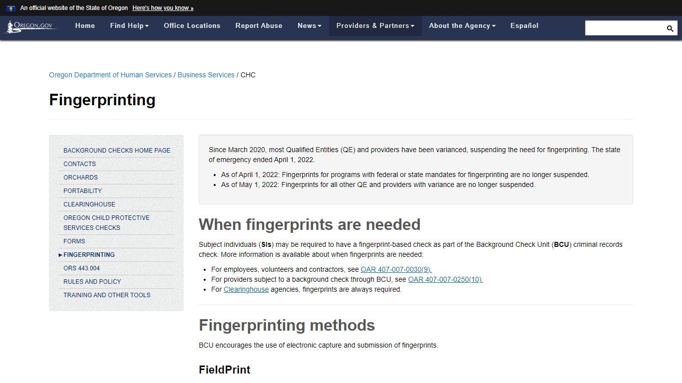 State of Oregon: CHC - Fingerprinting